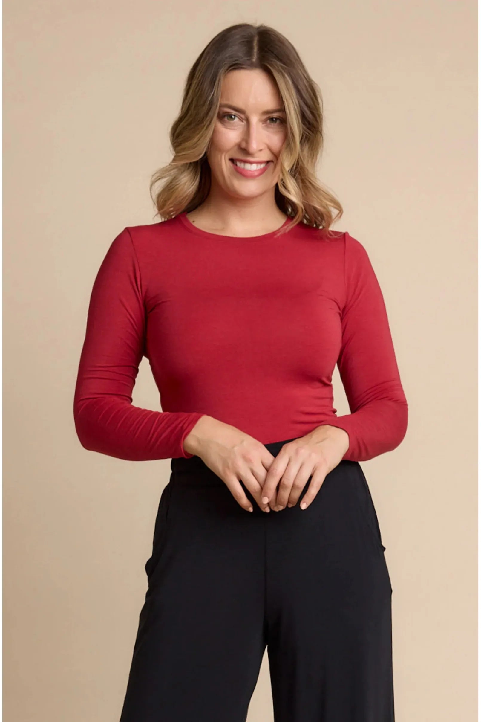 Tani Modal Bodyfit High Neck Top -Red Berry Marle(10 Only)