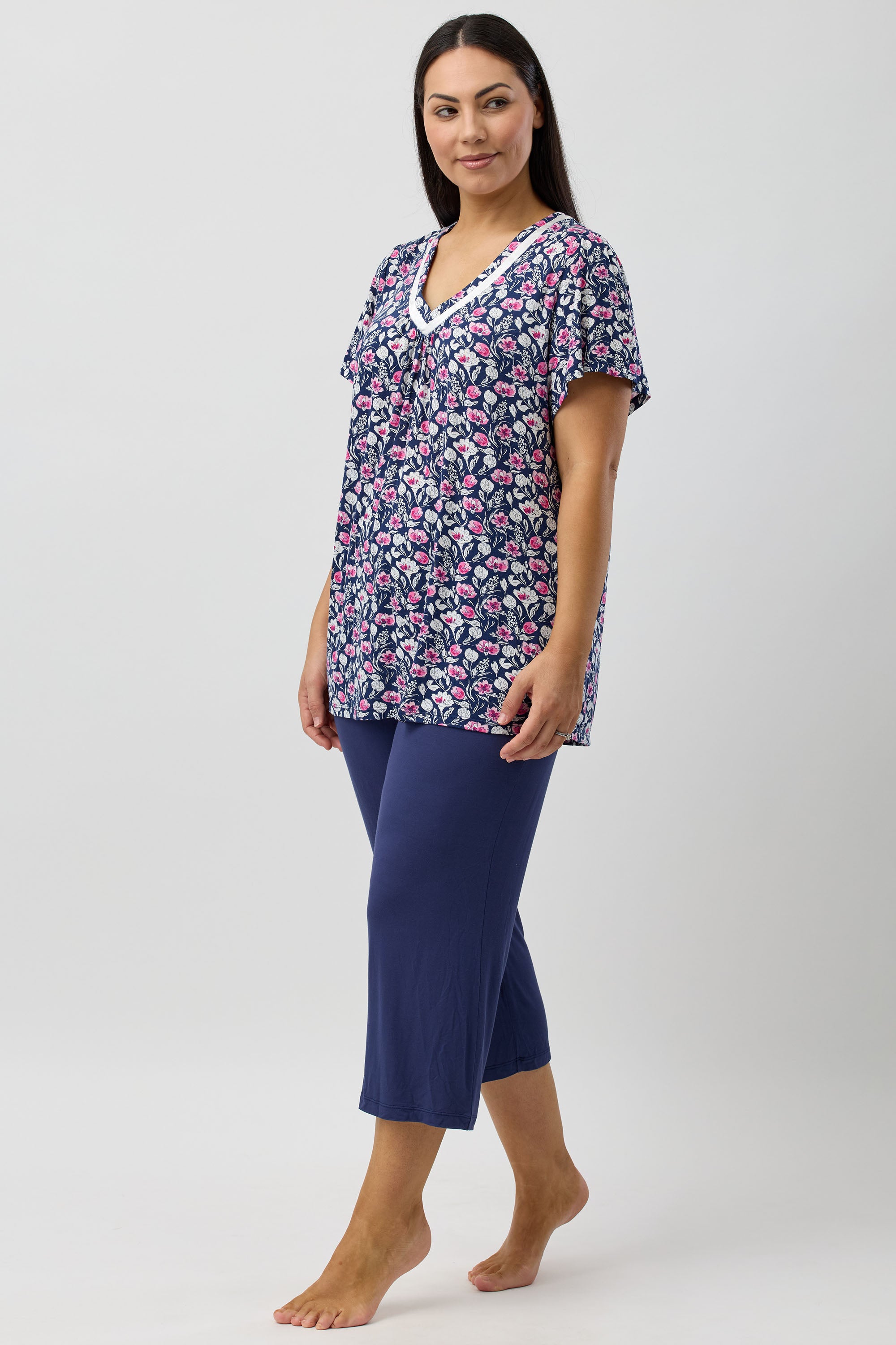Yuu Camillia Viscose Knit Capri Leg Pyjama -Navy(M/L/XL)