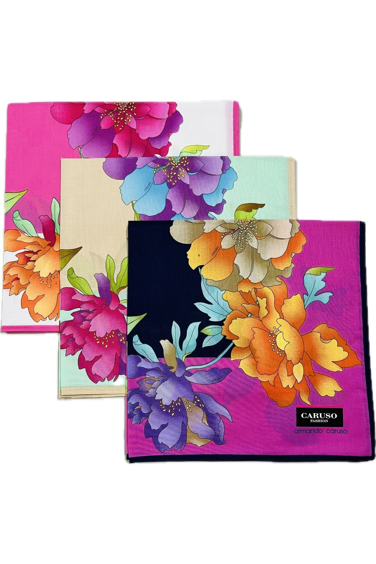 Armando Caruso Large Flowers Handkerchief -Pink/Beige/Navy