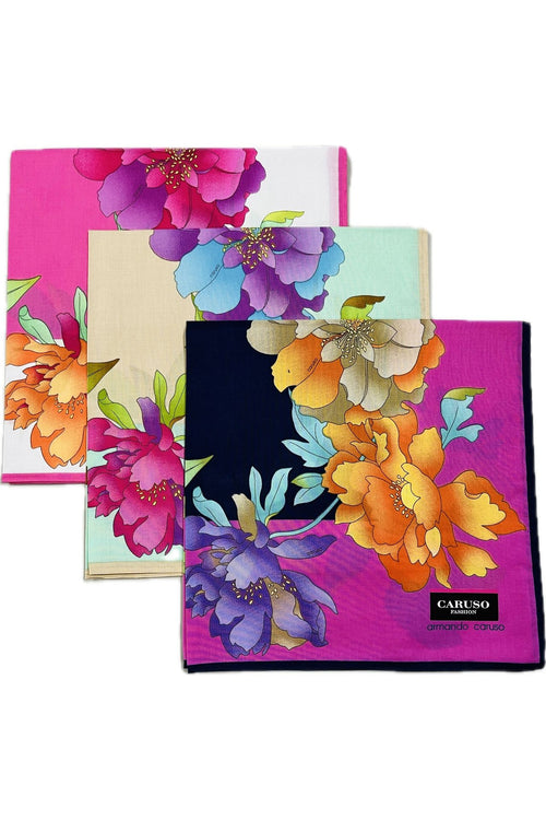 -Armando Caruso Large Flowers Handkerchief -Pink/Beige/Navy