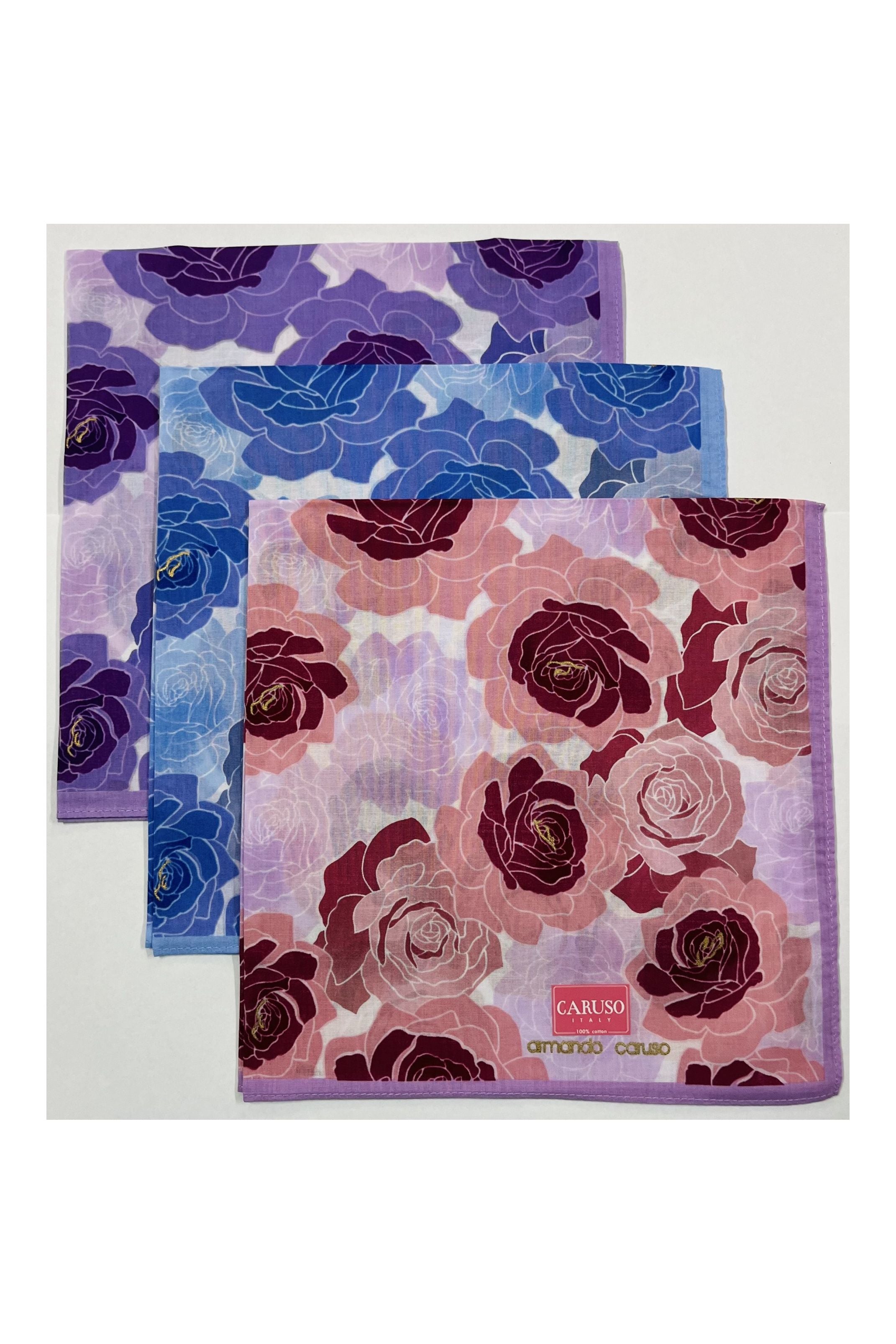 Armando Caruso Large Roses Handkerchief -Purple/Blue/Burgundy