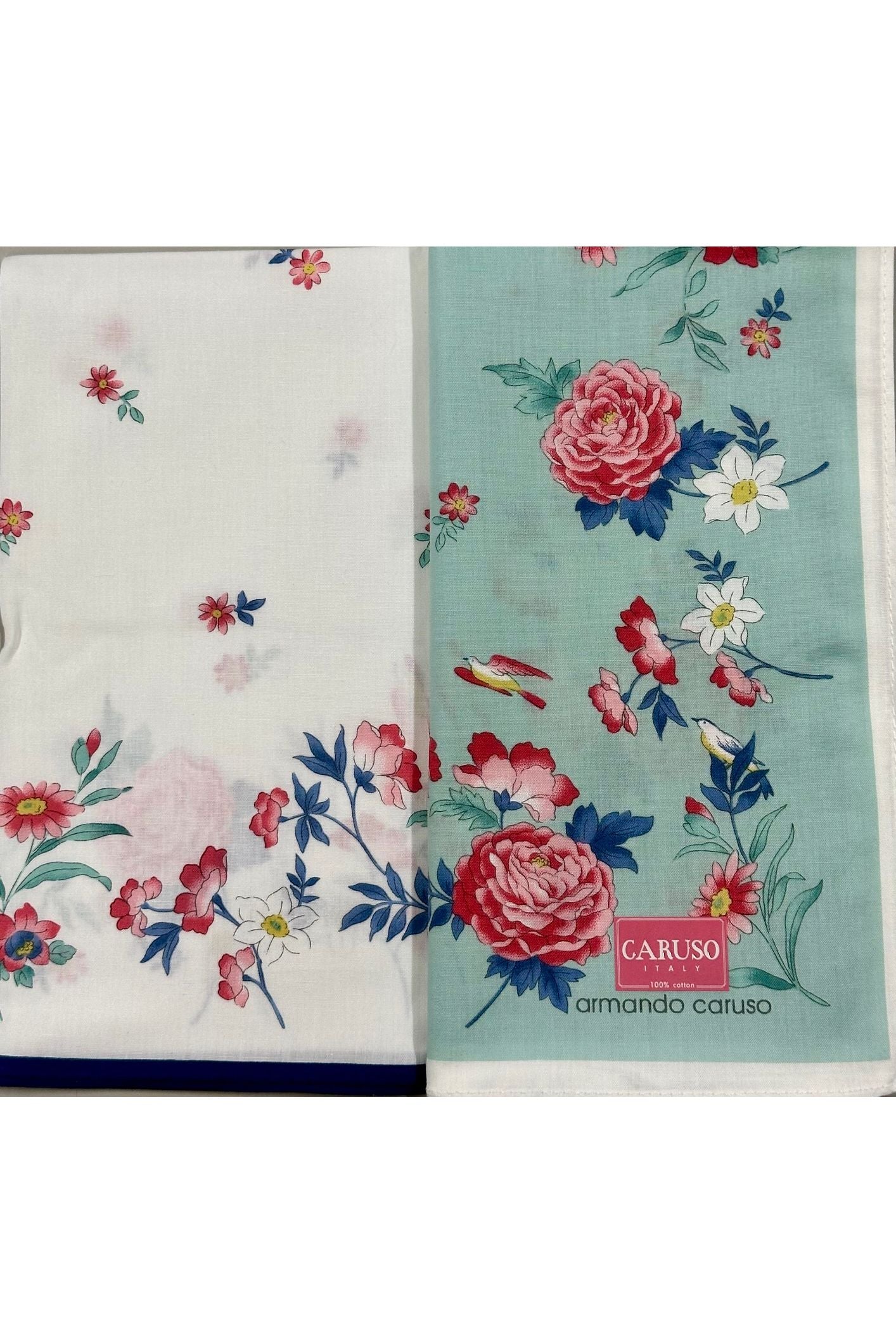 Armando Caruso Bird in Flower Cotton Handkerchief -White & Mint