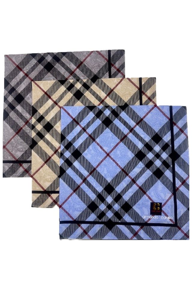 Armando Caruso Paisley Tartan Handkerchief -Grey/Beige/Blue