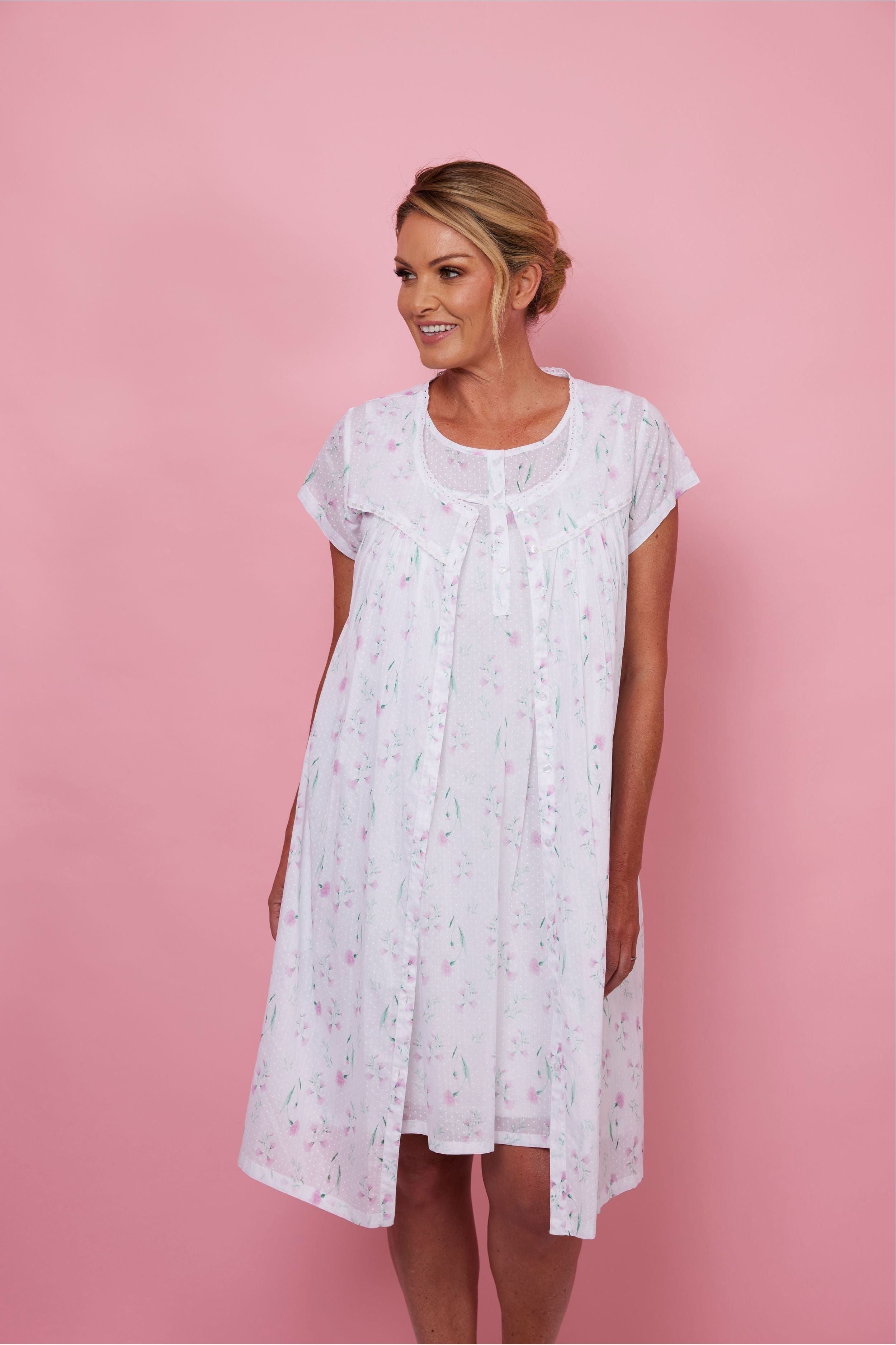 French Country Flower Dot Cotton Short Nightie -Pink
