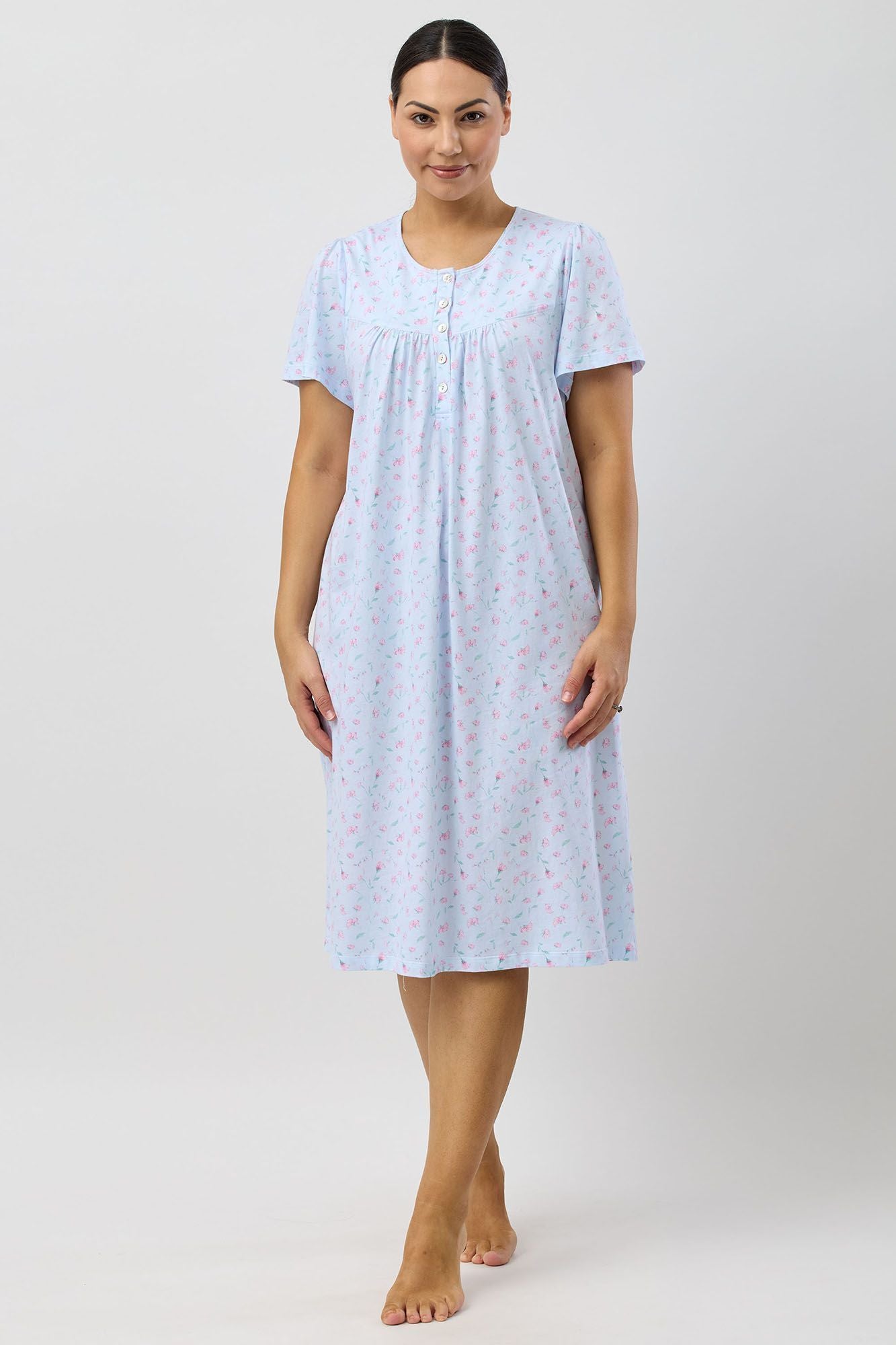 Schrank Peony Cotton Knit Short Sleeve Nightie -Blue
