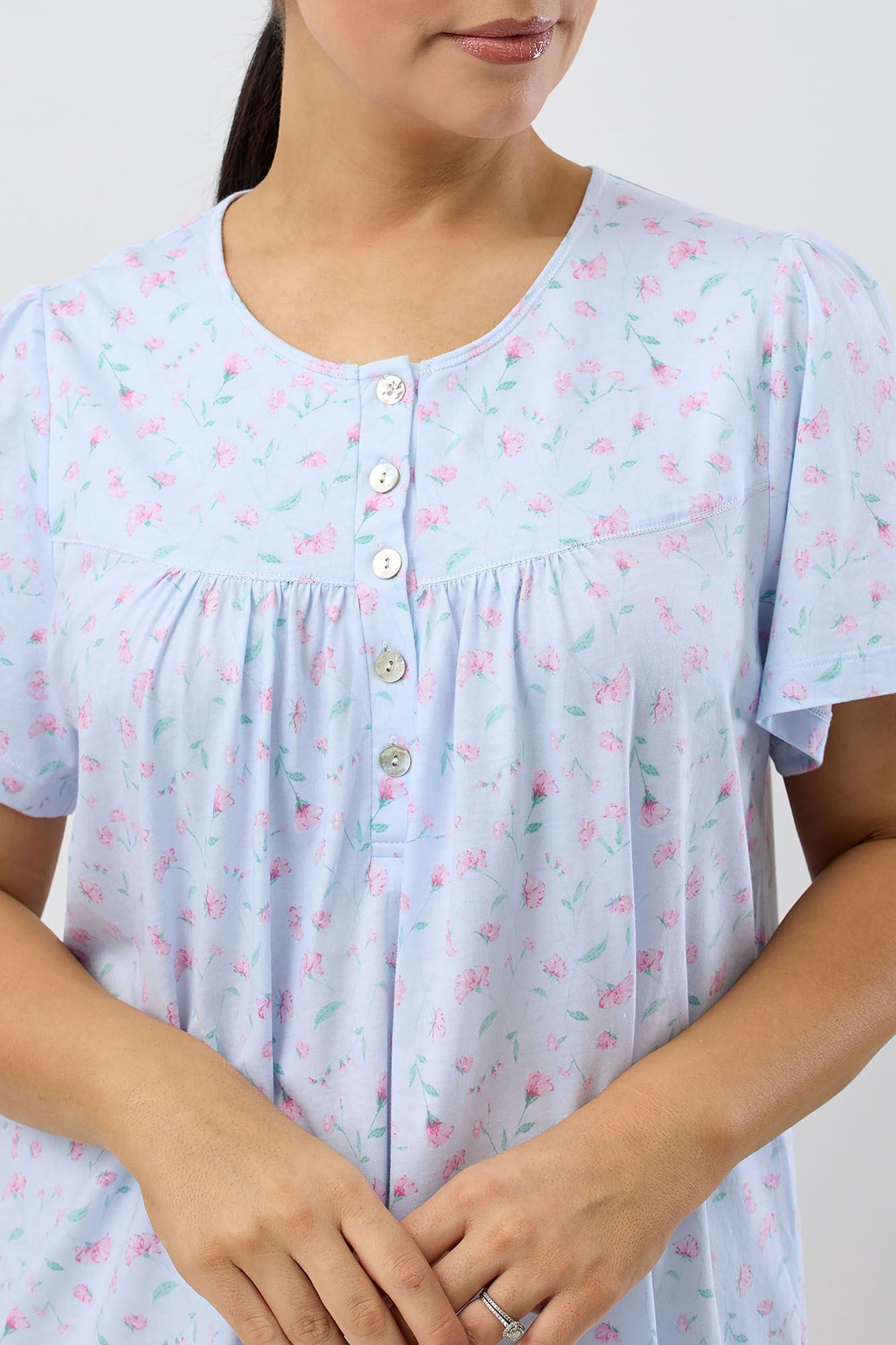 Schrank Peony Cotton Knit Short Sleeve Nightie -Blue