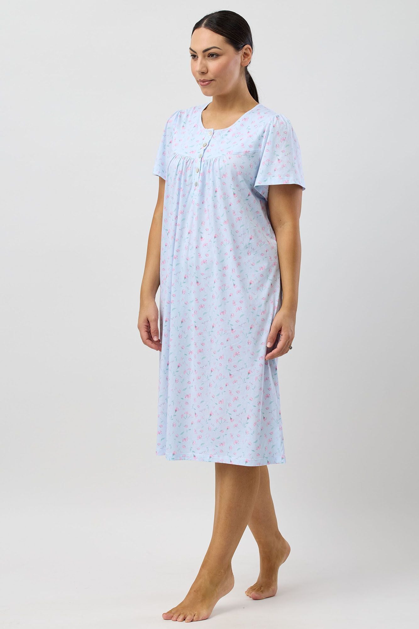 Schrank Peony Cotton Knit Short Sleeve Nightie -Blue