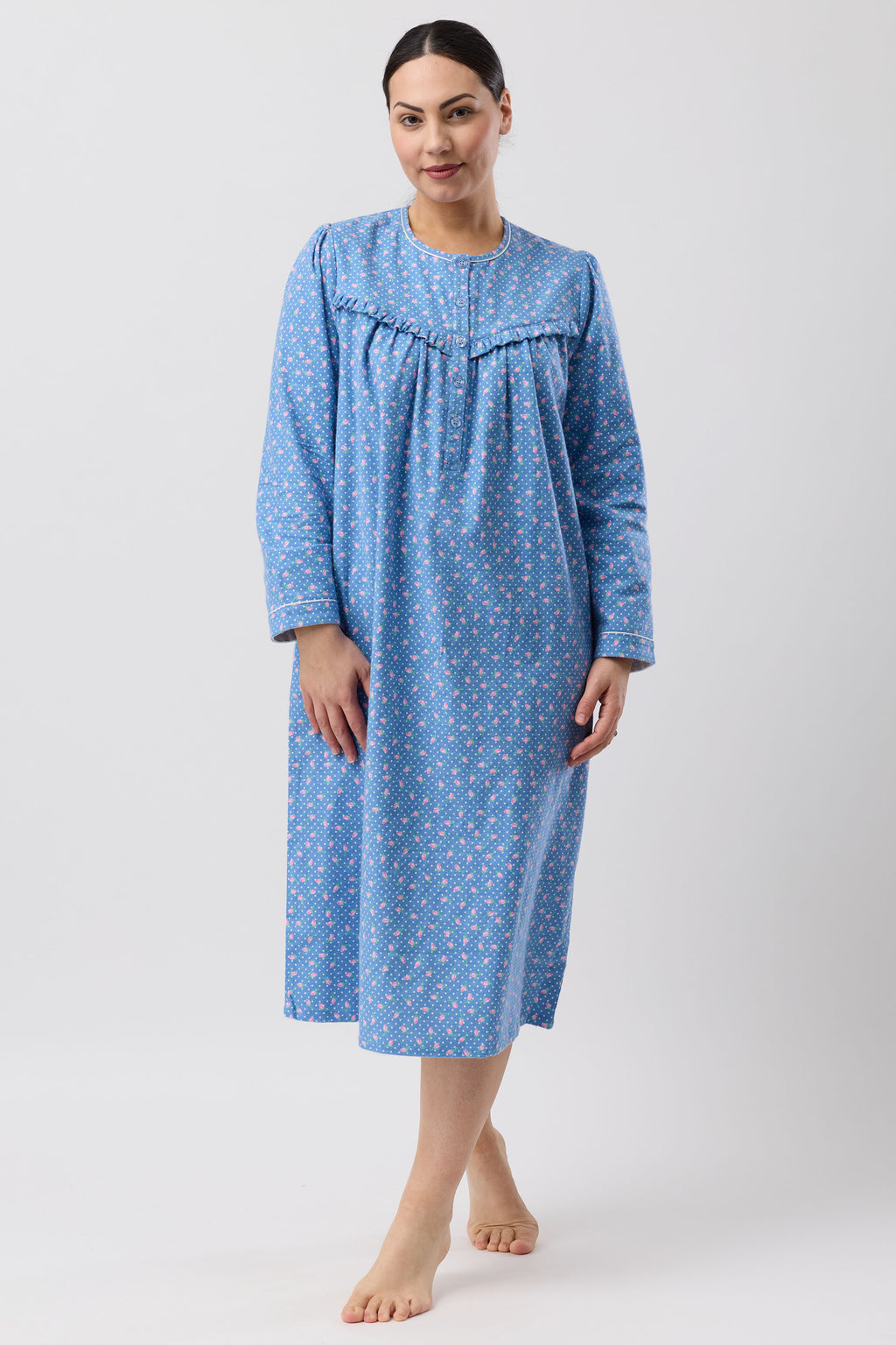 Schrank Rose Spot Flannelette Mid Nightie -Denim(14/18/20)