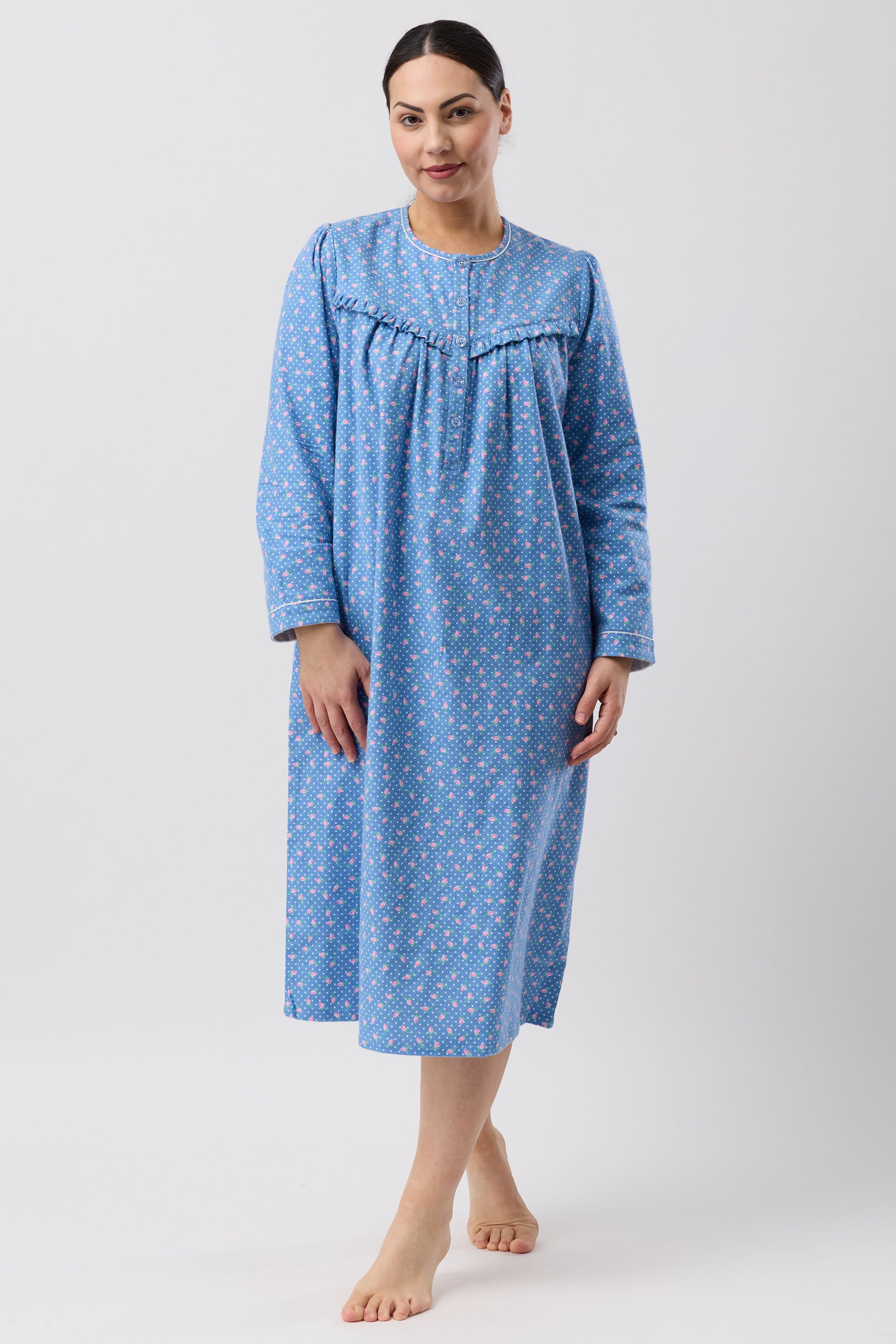 Schrank Rose Spot Flannelette Mid Nightie -Denim(12/14/18/20/22)
