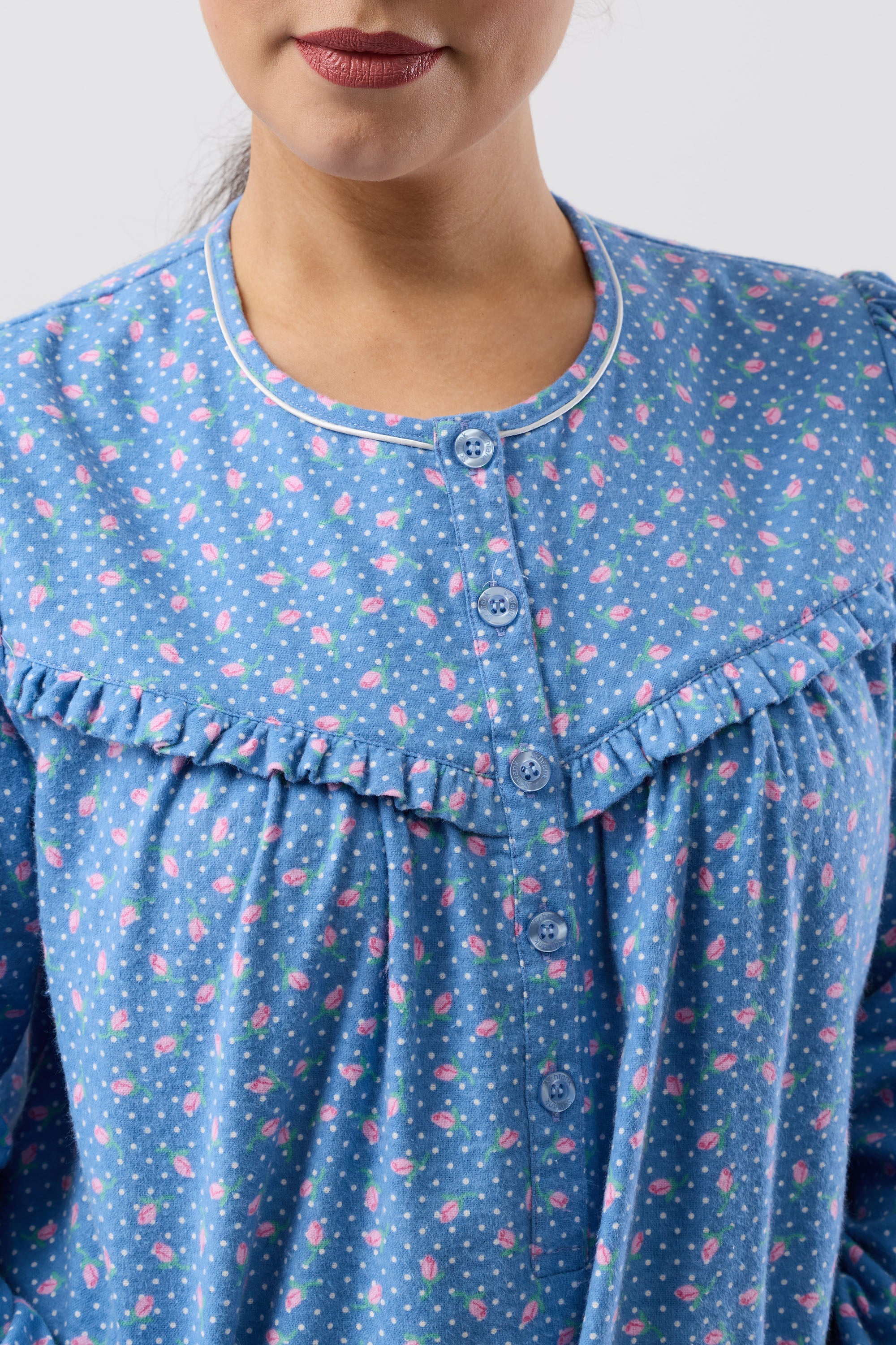 Schrank Rose Spot Flannelette Mid Nightie -Denim(12/14/18/20/22)