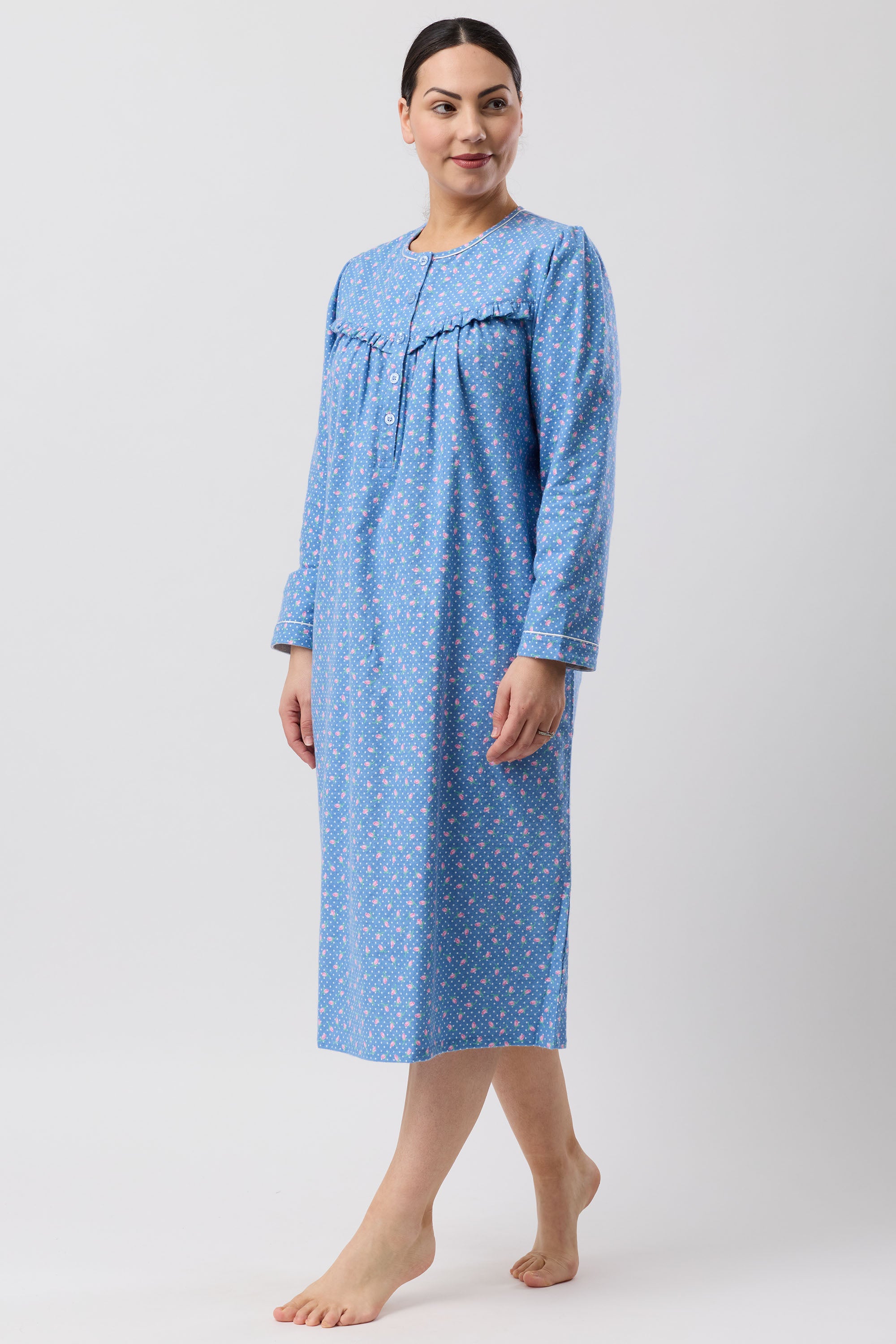 Schrank Rose Spot Flannelette Mid Nightie -Denim(12/14/18/20/22)