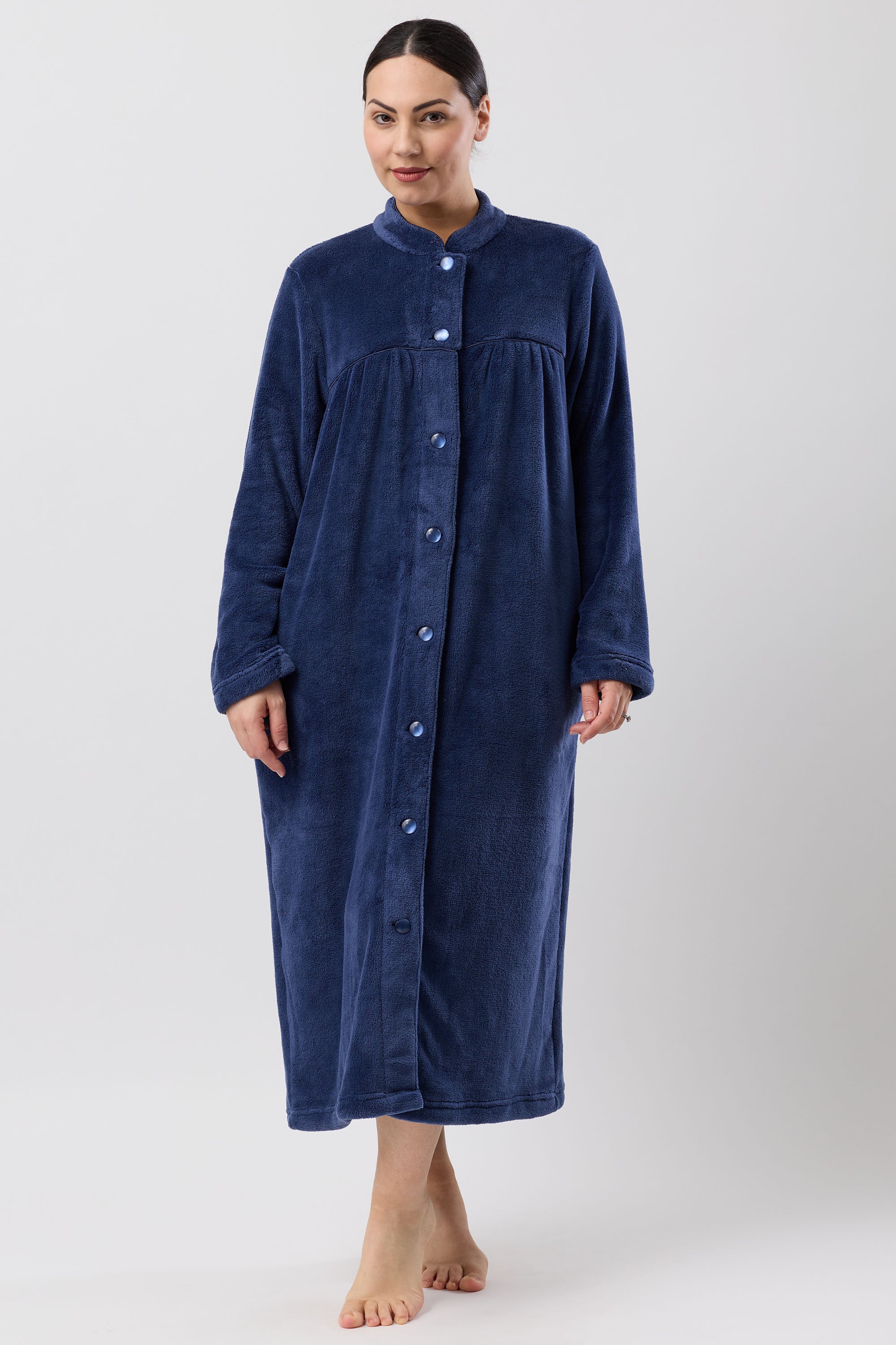 Schrank Mid Length Polyester Button Gown -Navy(S/M/L/2X)