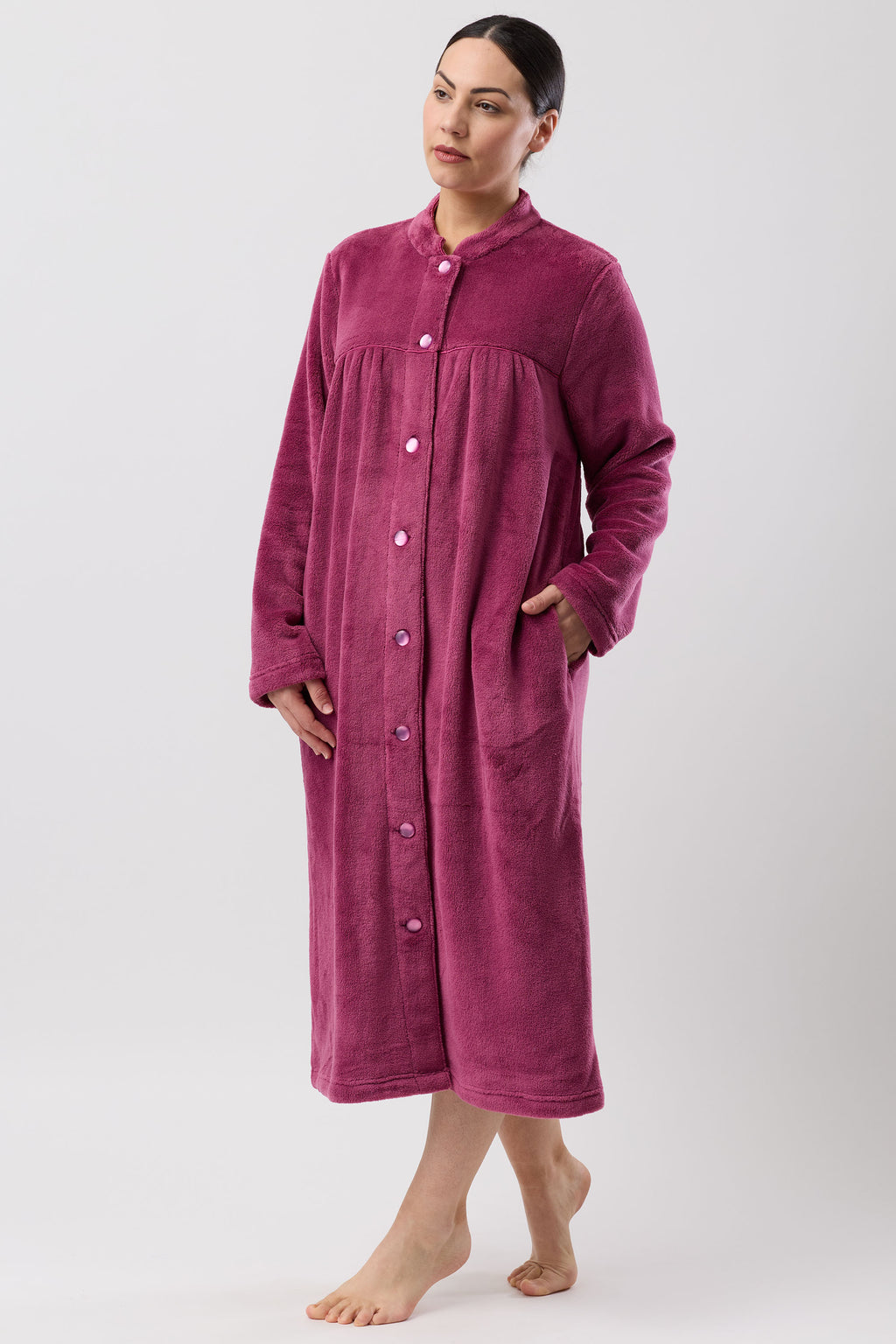 -Schrank Mid Length Polyester Button Gown -Berry(L/XL/2X)