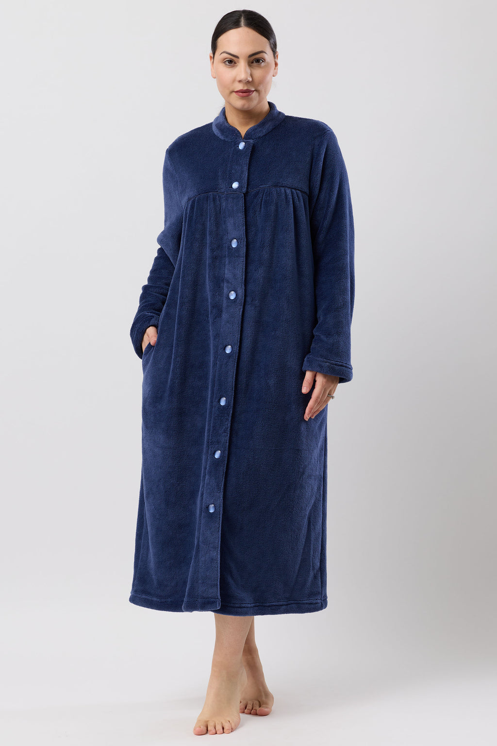 Schrank Mid Length Polyester Button Gown -Navy(S/M/L/2X)