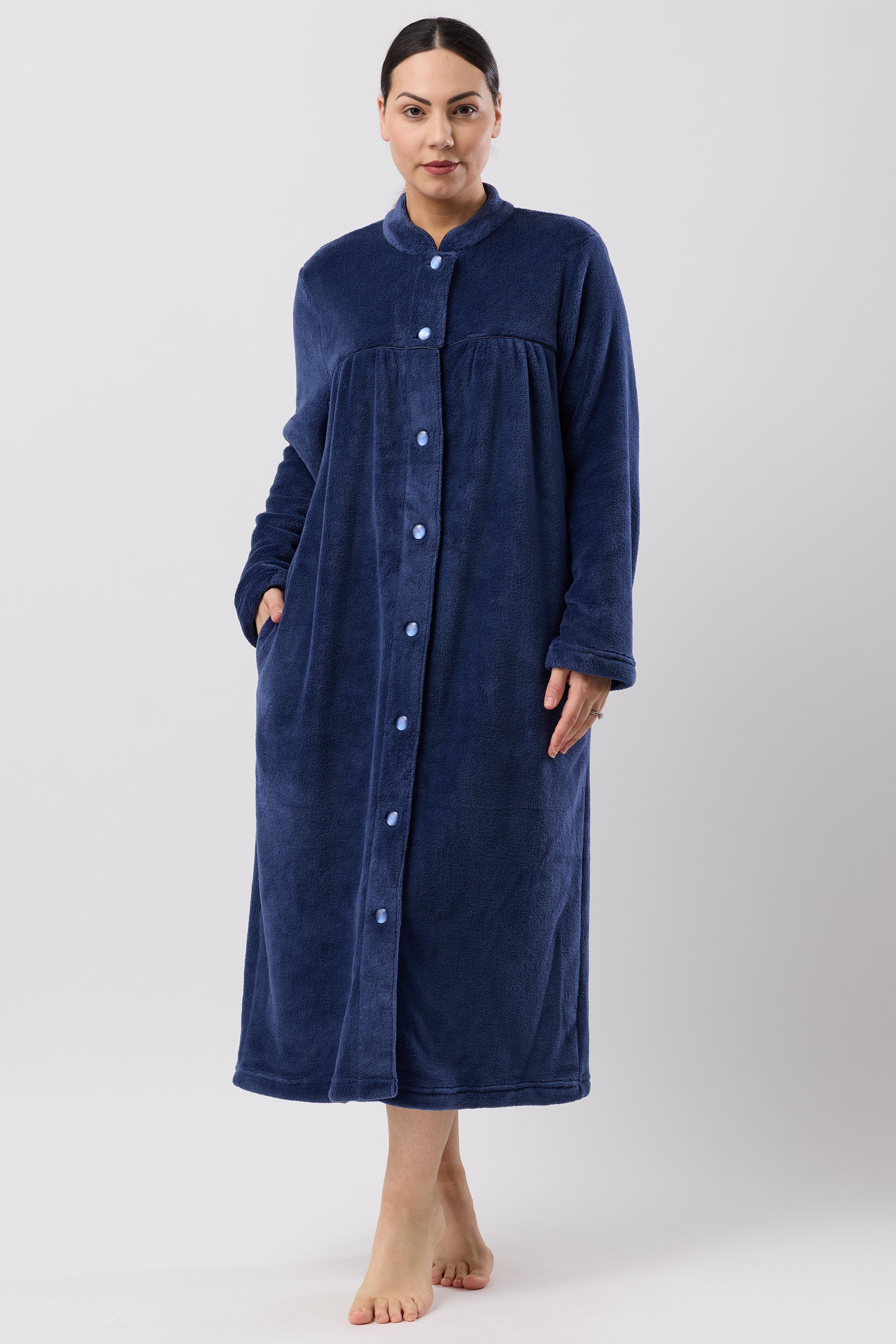 Schrank Mid Length Polyester Button Gown -Navy(S/M/L/2X)
