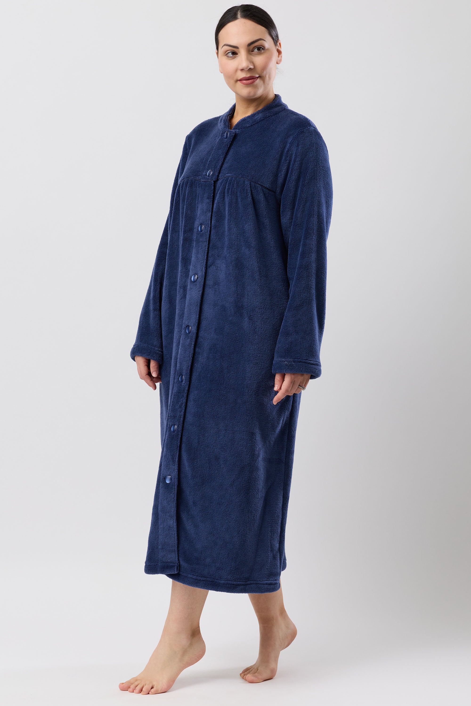 Schrank Mid Length Polyester Button Gown -Navy(S/M/L/2X)