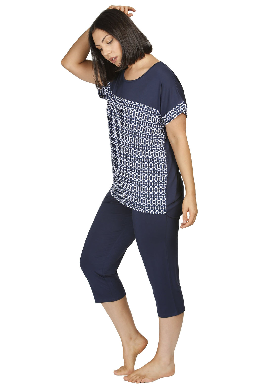 Yuu Ikat Viscose Knit Capri Pyjama -Navy(2X Only)