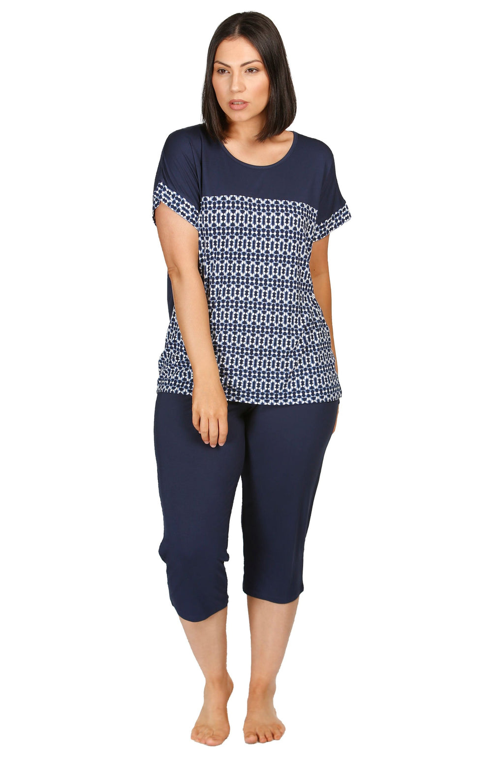 Yuu Ikat Viscose Knit Capri Pyjama -Navy(2X Only)
