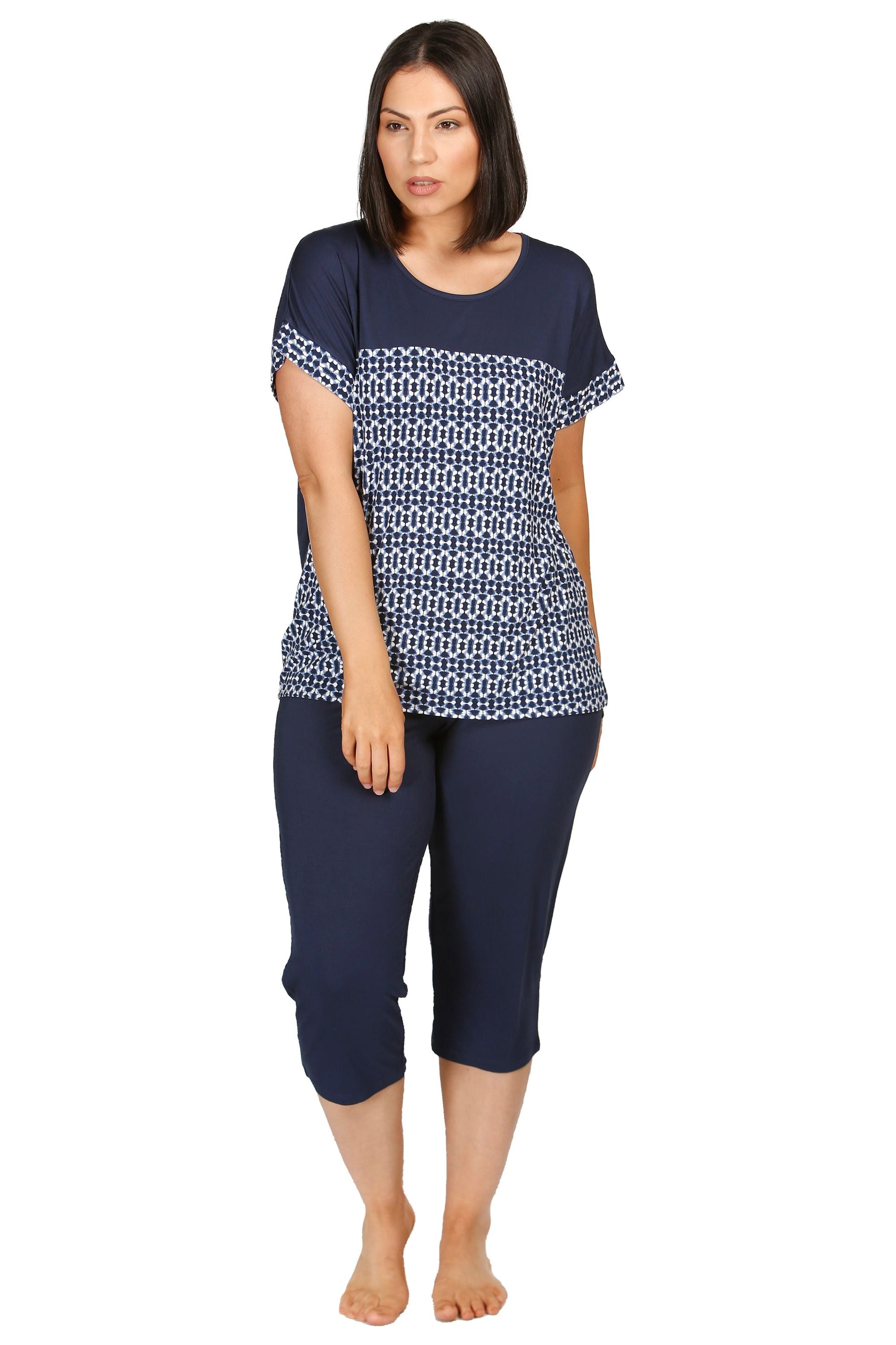 Yuu Ikat Viscose Knit Capri Pyjama -Navy(2X Only)