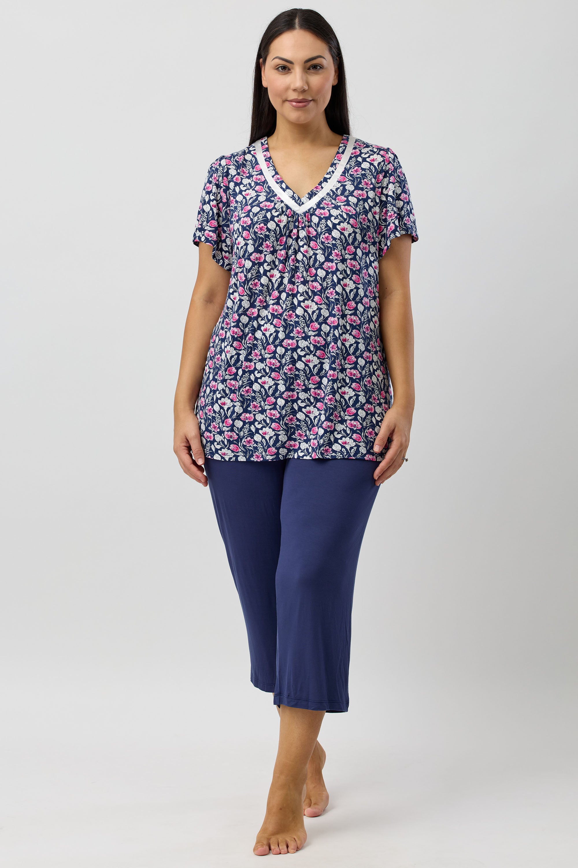 Yuu Camillia Viscose Knit Capri Leg Pyjama -Navy(M/L/XL)