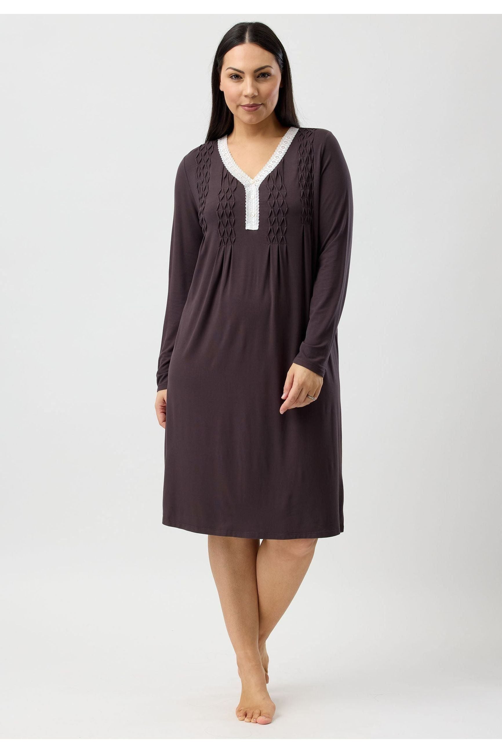 Yuu Lace Smocking Viscose Knit Nightie -Chocolate(L & XL)