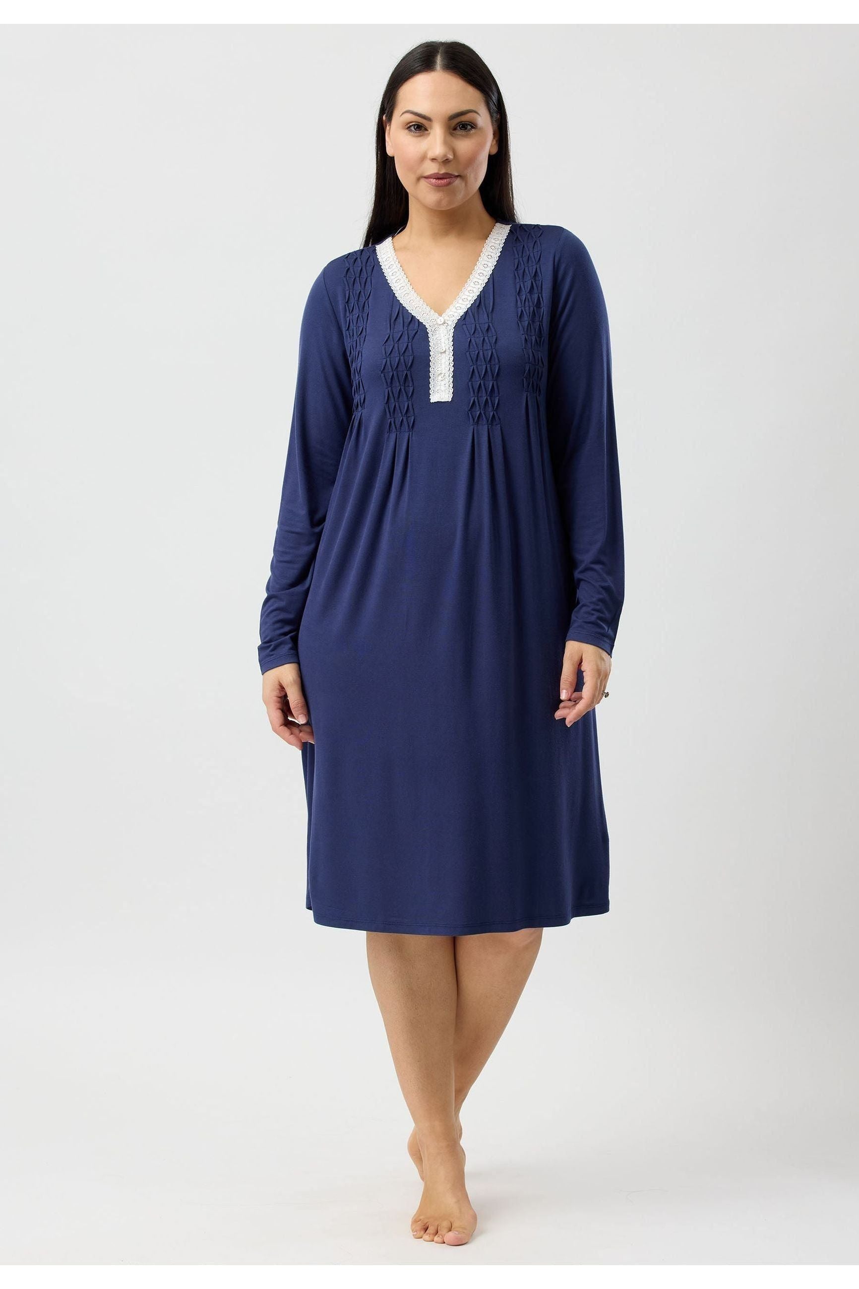 Yuu Lace Smocking Viscose Knit Nightie -Navy(L & XL)