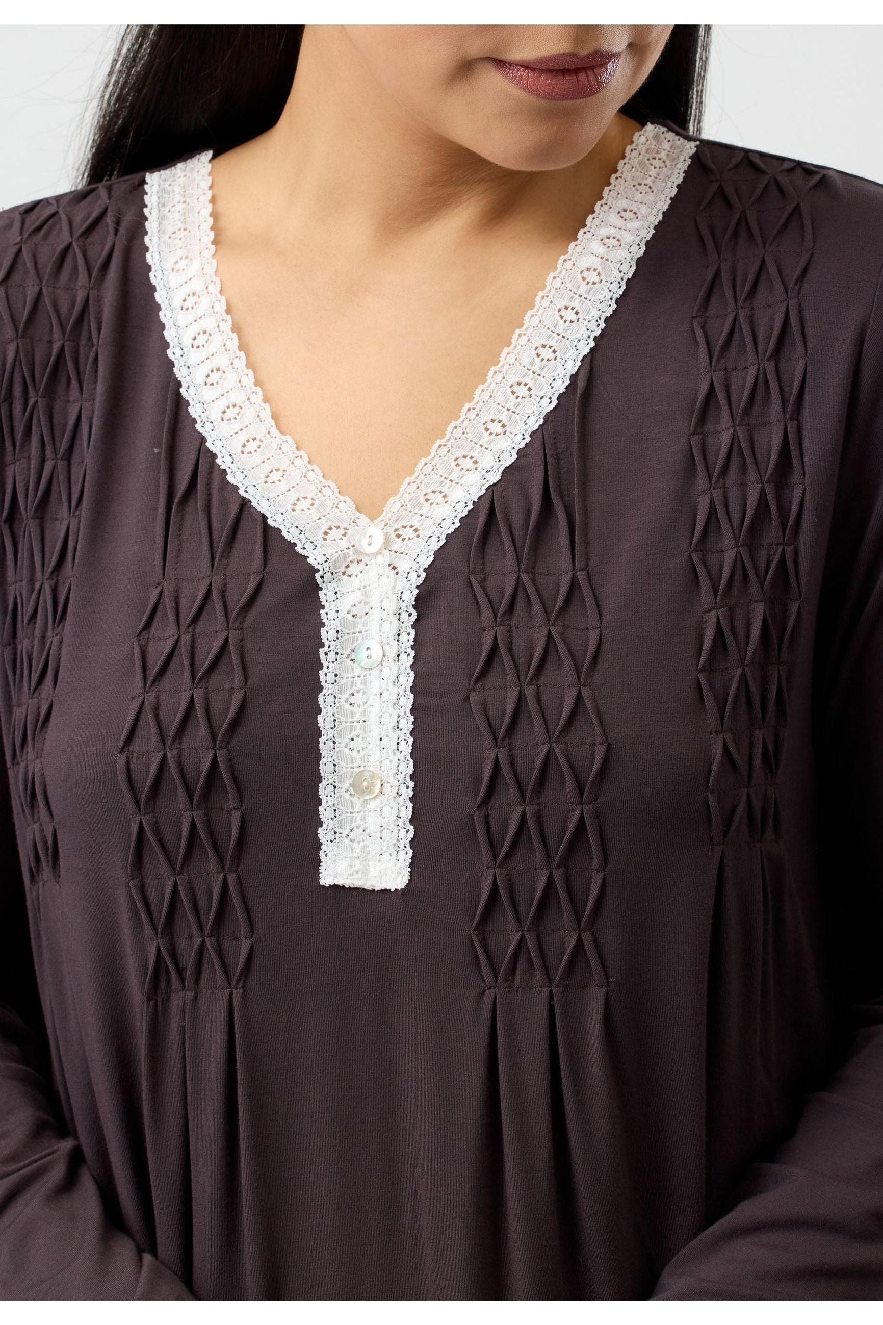 Yuu Lace Smocking Viscose Knit Nightie -Chocolate(L & XL)