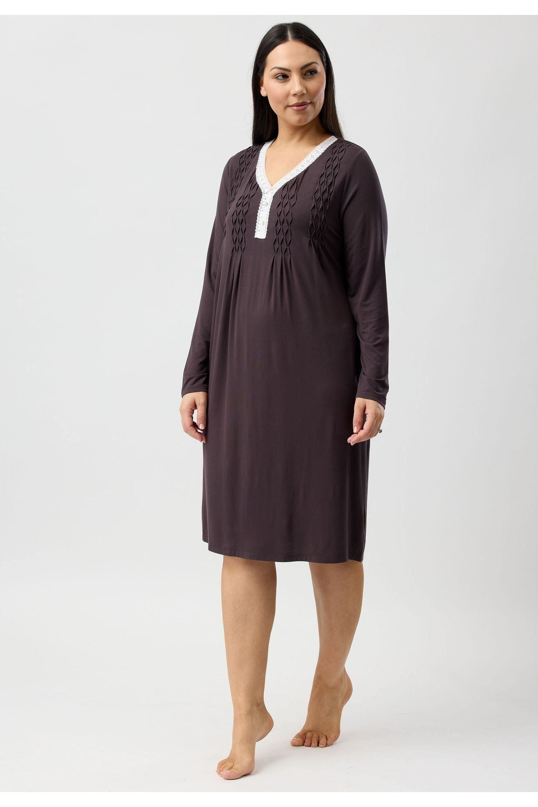 Yuu Lace Smocking Viscose Knit Nightie -Chocolate(L & XL)