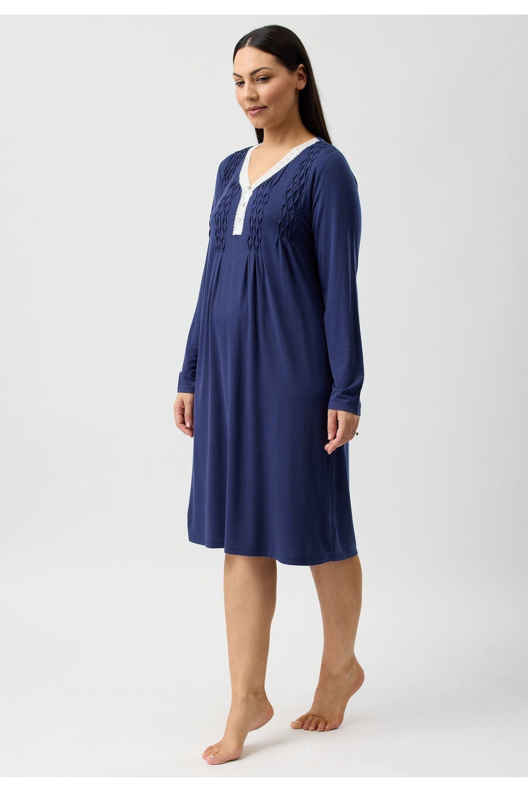 Yuu Lace Smocking Viscose Knit Nightie -Navy(L & XL)